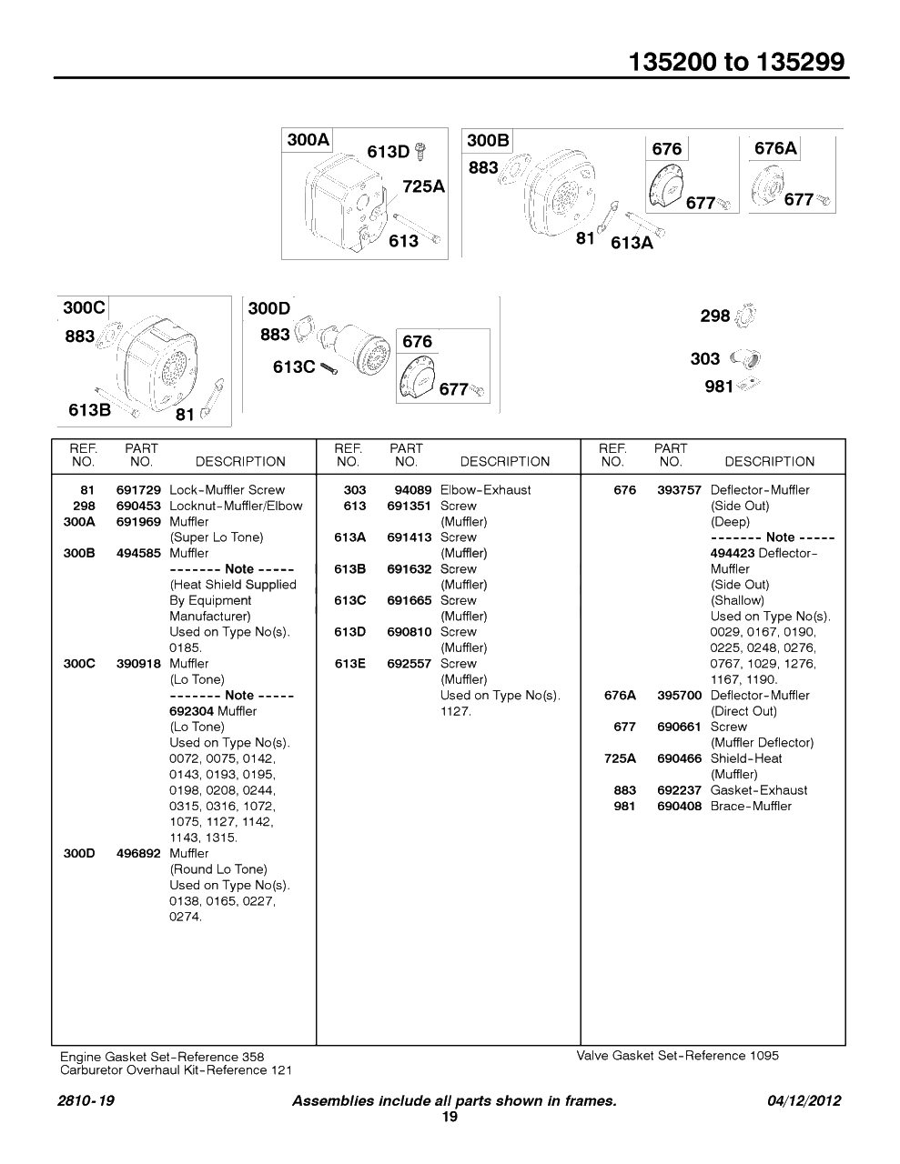 Muffler Groups Diagram and Parts List for 135207-0325-XX  Briggs and Stratton Engine